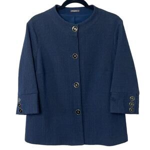 J. McLaughlin Classic Cardigan Jacket Blue Black Textured Fabric 3/4 Sleeves